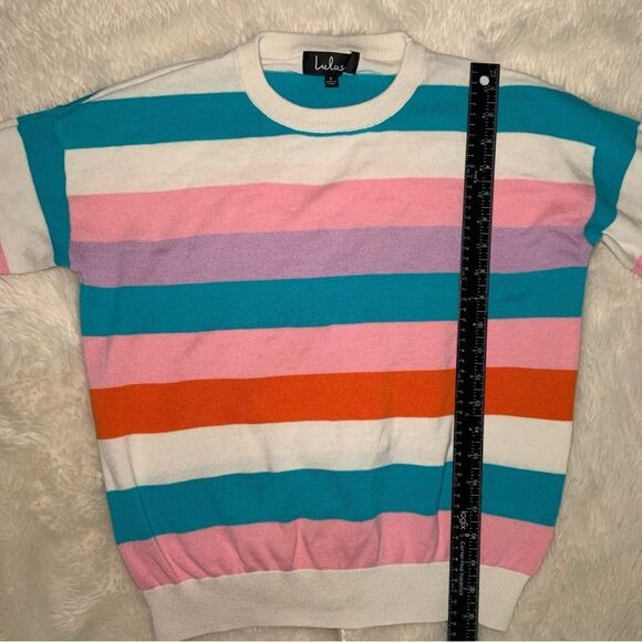 Sz Small Lulu’s Striped Cream Pink Teal and Orange Sweater - Picture 2 of 11